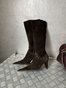 Vintage genuine leather suede heeled boots dark brown