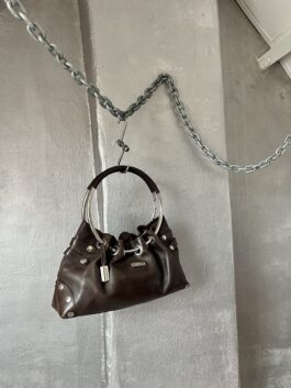 Vintage real leather shoulderbag with silver hardware brown