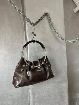 Vintage real leather shoulderbag with silver hardware brown