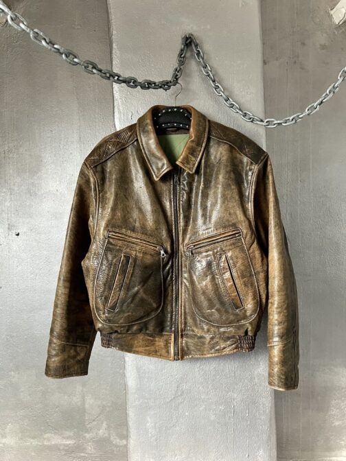 Vintage oversized real leather bomber jacket washed brown