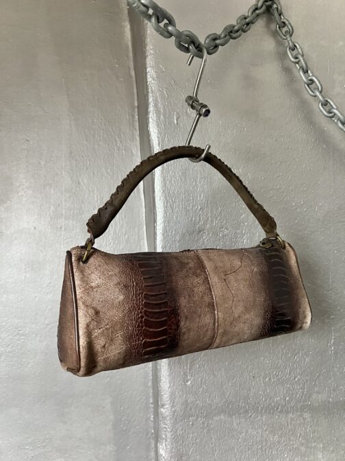 Vintage real leather handbag with snakeskin brown - Image 4