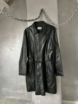 Vintage real leather long racing jacket black