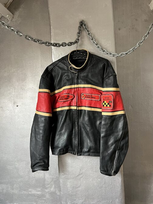 Vintage oversized real leather racing jacket red black - Image 3