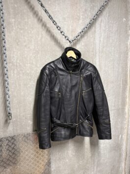 Vintage real leather belted biker jacket black