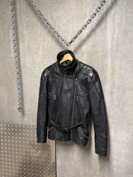 Vintage real leather belted biker jacket black