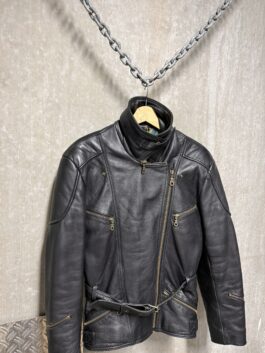 Vintage real leather belted biker jacket black
