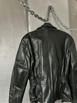 Vintage real leather belted biker jacket black