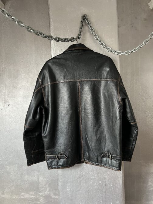 Vintage Bomb Boogie oversized real leather racing jacket washed dark brown - Image 11