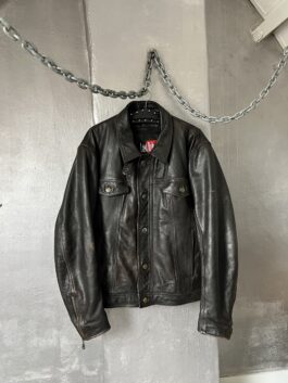 Vintage oversized real leather denim look jacket washed dark brown