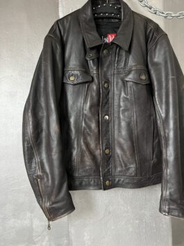 Vintage oversized real leather denim look jacket washed dark brown