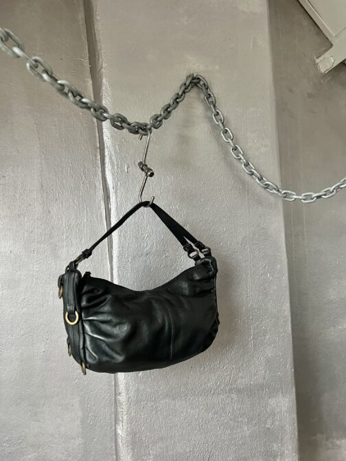 Vintage real leather handbag with bronze hardware black