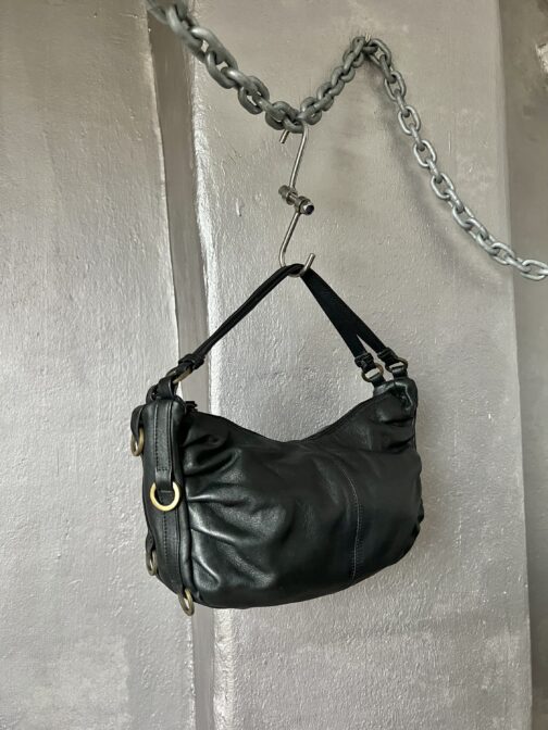 Vintage real leather handbag with bronze hardware black - Image 3