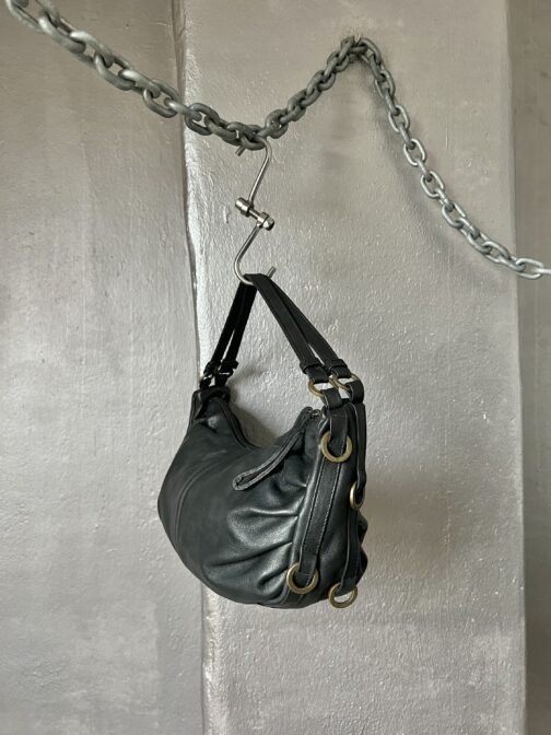 Vintage real leather handbag with bronze hardware black - Image 12