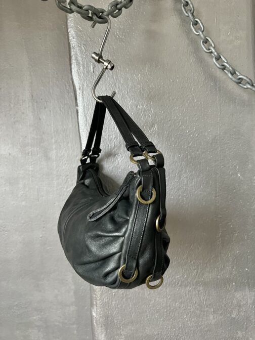 Vintage real leather handbag with bronze hardware black - Image 13