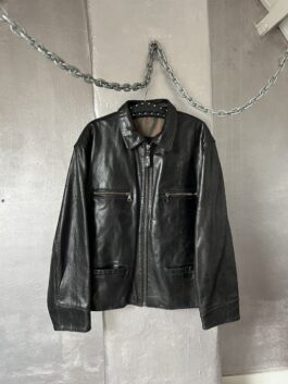 Vintage oversized real leather racing jacket black
