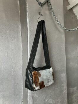 Vintage real leather shoulderbag with cowhide brown creme