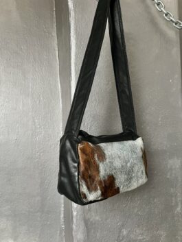 Vintage real leather shoulderbag with cowhide brown creme