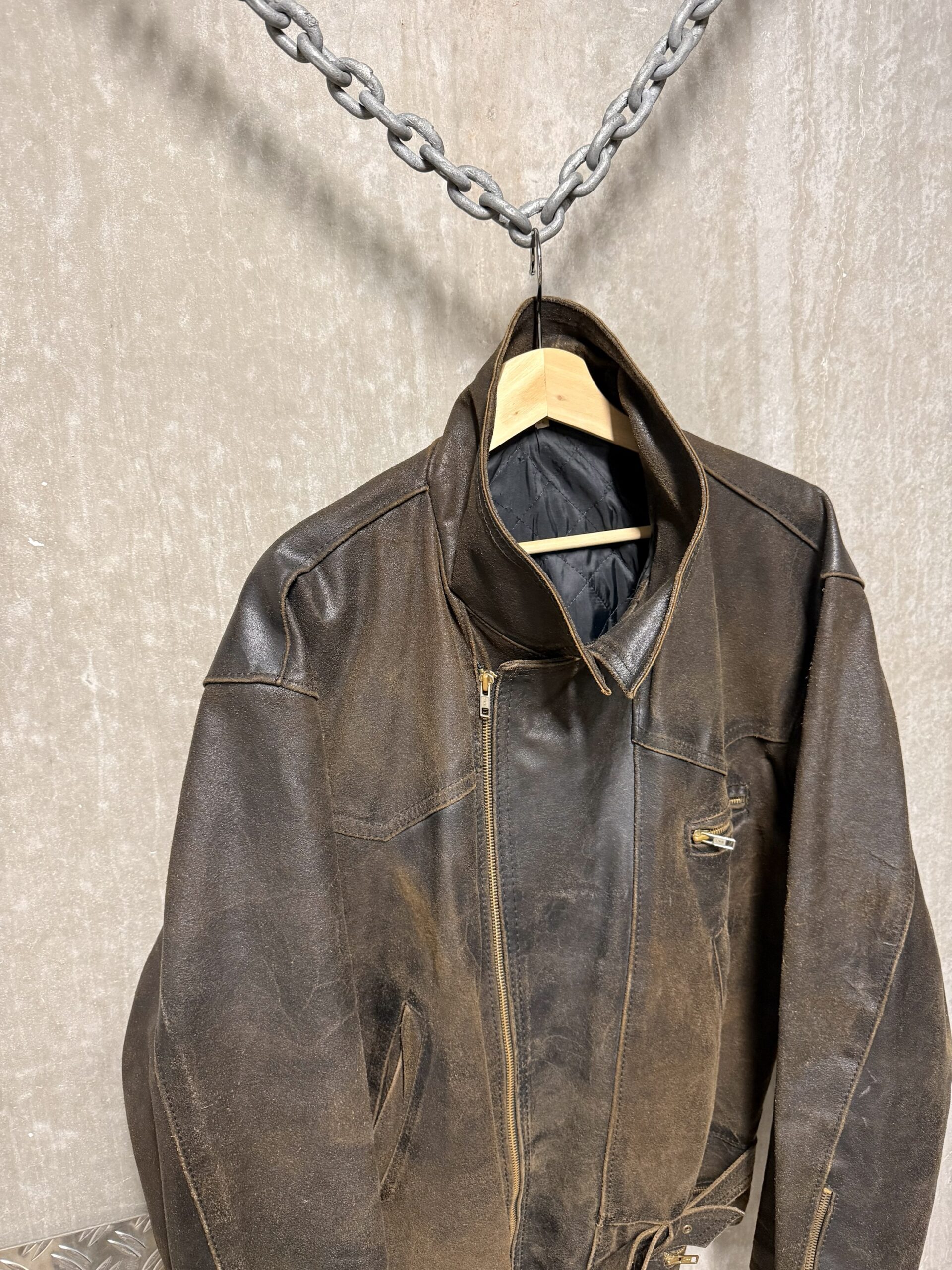 Vintage oversized rough real leather biker jacket washed brown - Image 10