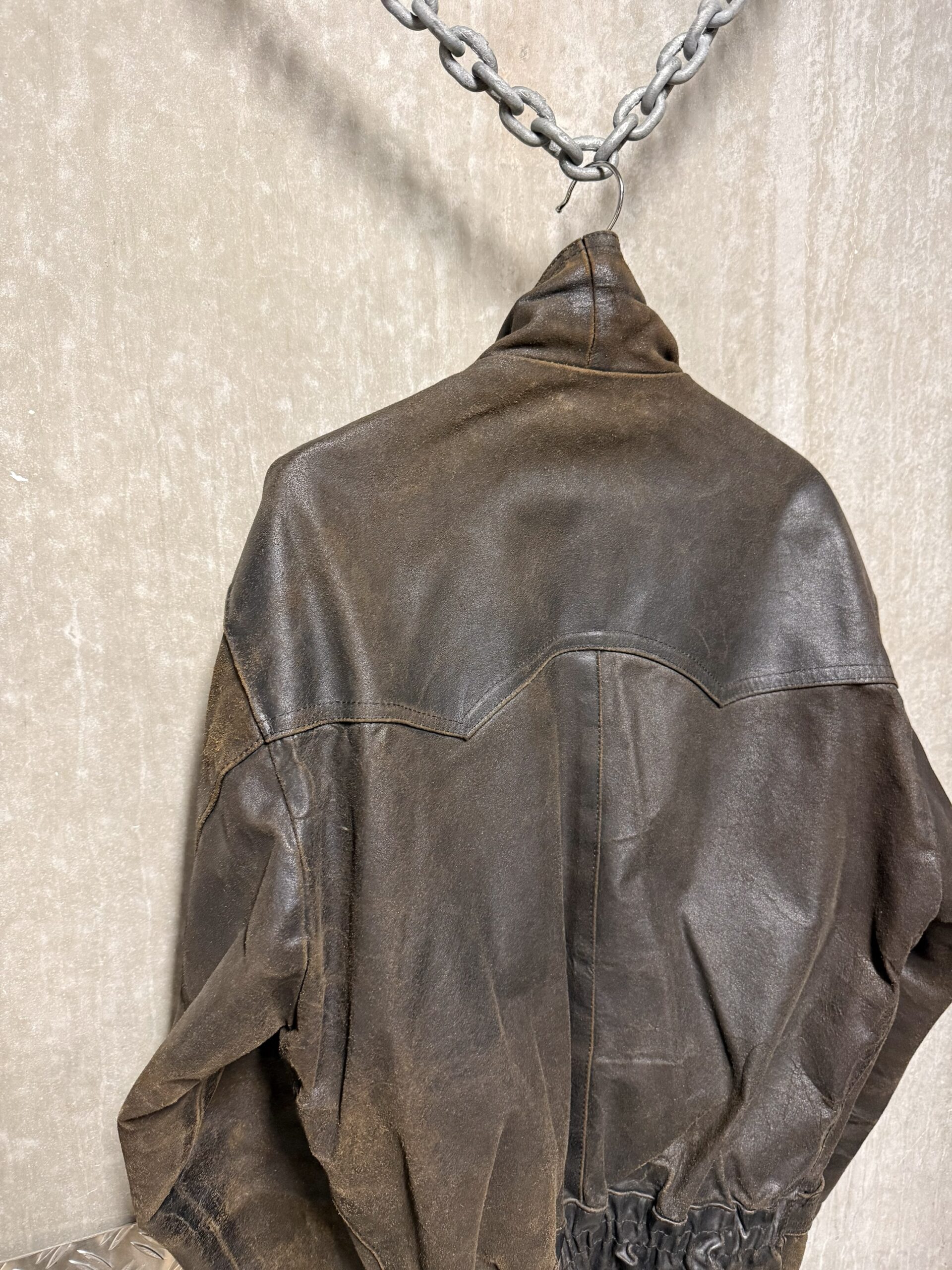 Vintage oversized rough real leather biker jacket washed brown - Image 12