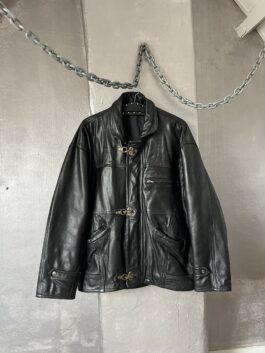 Vintage oversized real leather racing jacket with bronze fireman clasps black