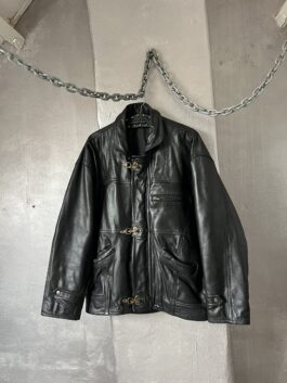 Vintage oversized real leather racing jacket with bronze fireman clasps black