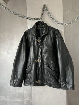 Vintage oversized real leather racing jacket with bronze fireman clasps black