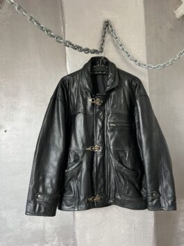 Vintage oversized real leather racing jacket with bronze fireman clasps black