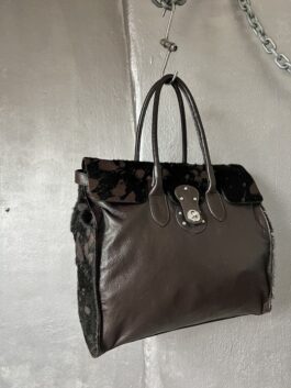 Vintage real leather handbag with cowhide brown