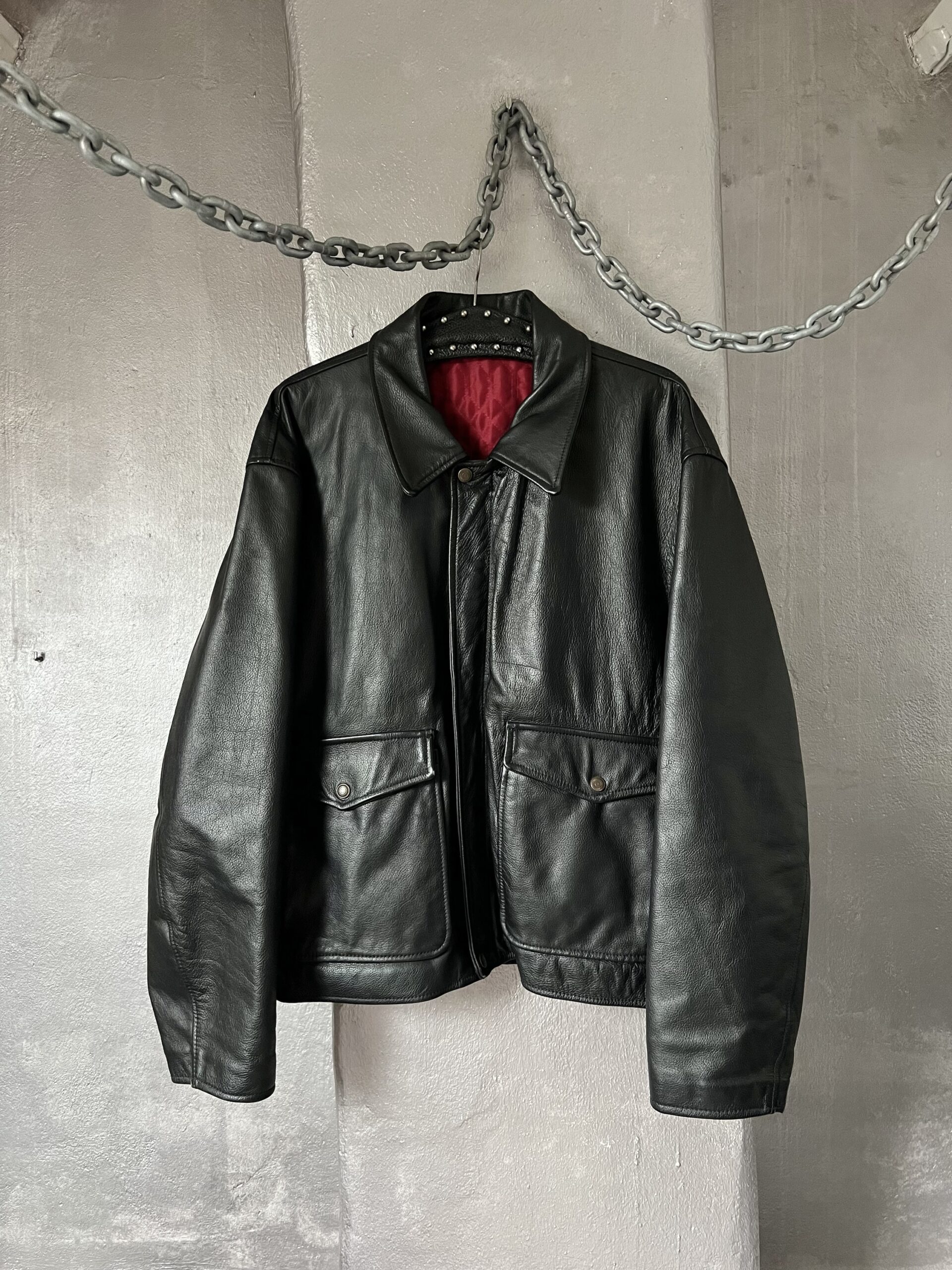 Vintage oversized real leather flying jacket black