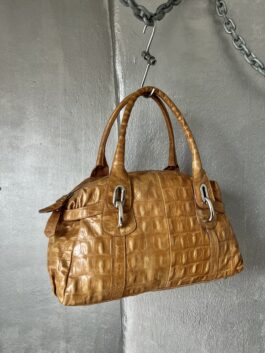 Vintage real leather shoulderbag with crocodile skin beige brown