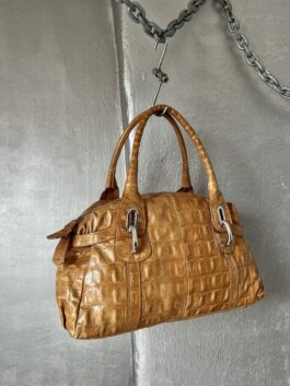 Vintage real leather shoulderbag with crocodile skin beige brown