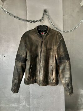 Vintage oversized real leather racing motor jacket washed brown