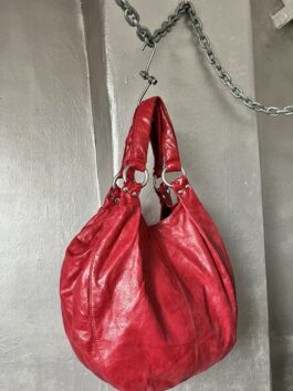 Vintage real leather large shoulderbag with silver hardware red