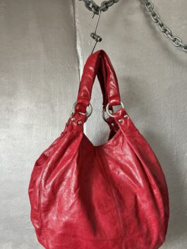 Vintage real leather large shoulderbag with silver hardware red