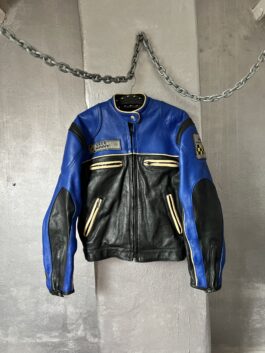 Vintage oversized real leather racing motor jacket blue black