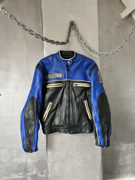 Vintage oversized real leather racing motor jacket blue black