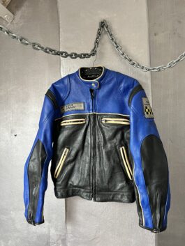 Vintage oversized real leather racing motor jacket blue black