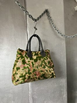 Vintage real leather handbag with cowhide beige green