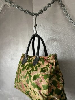 Vintage real leather handbag with cowhide beige green