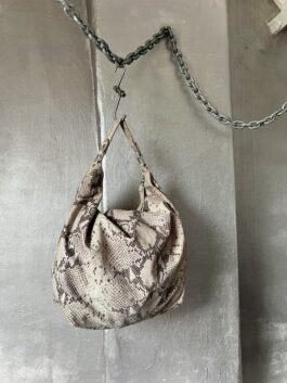 Vintage real leather large shoulderbag with snakeskin beige brown