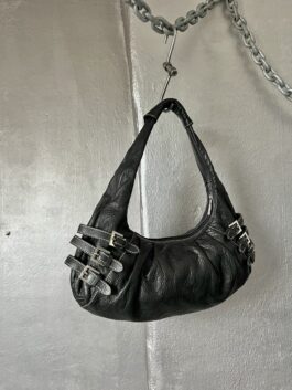 Vintage real leather shoulderbag with buckle straps black