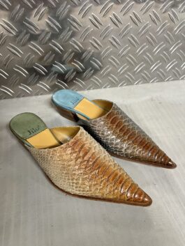 Vintage genuine leather heeled mules with snakeskin brown
