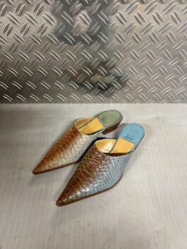 Vintage genuine leather heeled mules with snakeskin brown