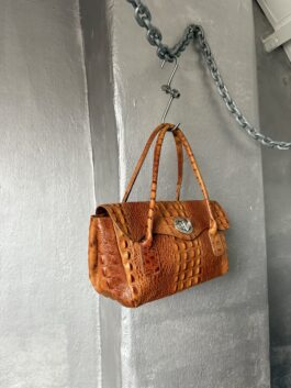 Vintage real leather handbag with crocodile skin brown