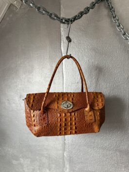 Vintage real leather handbag with crocodile skin brown