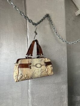 Vintage real leather handbag with python skin beige brown