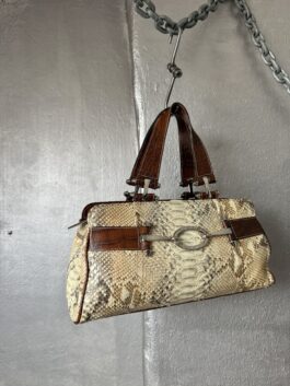 Vintage real leather handbag with python skin beige brown