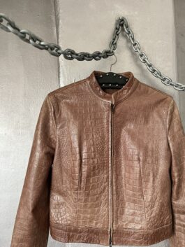Vintage real leather racing jacket with crocodile skin brown