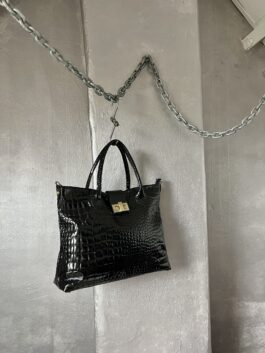 Vintage real leather handbag with crocodile skin black