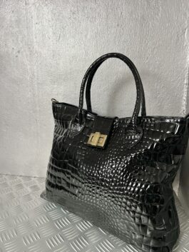 Vintage real leather handbag with crocodile skin black